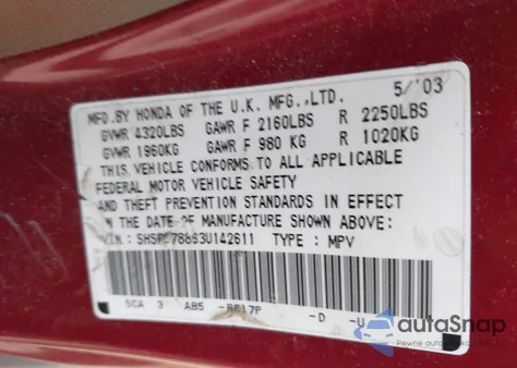 2003 Honda Cr-V Ex from USA, damaged, VIN SHSRD78863U142611